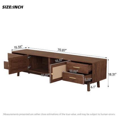 70.87 inch Dark Brown PE Rattan TV Stand 4 Drawer Pine Leg Media Console Fits Up To 80 Inch TV