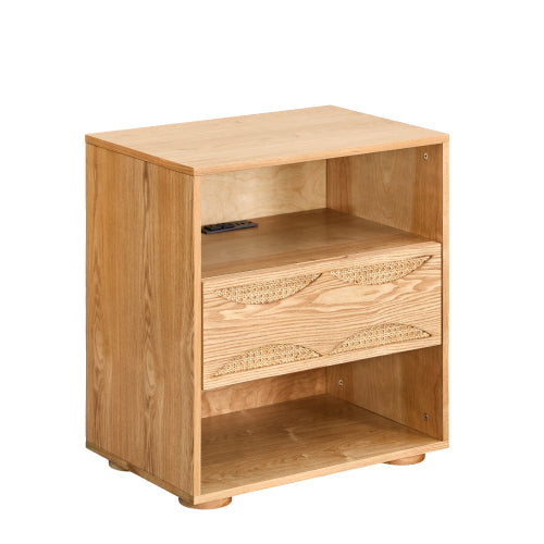 Mid Century Modern Rattan Nightstand with Charging Station USB Ports & Outlet Hole & 4 Solid Wood Bases, Farmhouse End Table with Open Space and Drawer Dresser, Natural