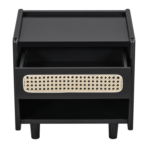 Black Nightstand with Rattan Detail, MDF + Solid Wood, Modern Bedroom Storage, Open Shelf & Drawer, Indoor Furniture