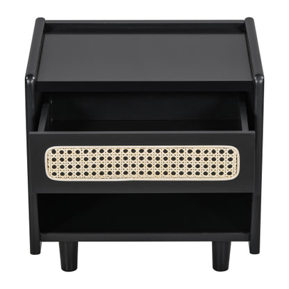 Black Nightstand with Rattan Detail, MDF + Solid Wood, Modern Bedroom Storage, Open Shelf & Drawer, Indoor Furniture