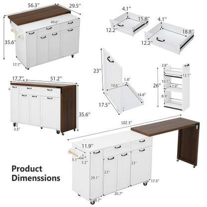 102 Inch Kitchen Island with Extendable Dining Table & Trash Storage White