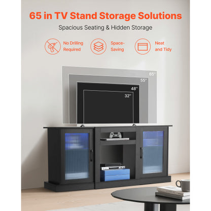 65 Inch Black Minimalist TV Stand with APP Remote LED Light Strips & Tempered Glass Doors