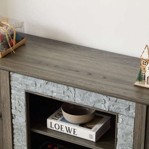 58 Inch Grey Faux Stone Two-Door TV Media Console Adjustable Shelves 6 Cable Holes Fits TVs Up To 65 Inch