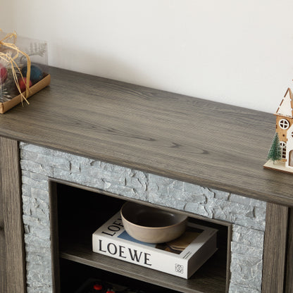 58 Inch Grey Faux Stone Two-Door TV Media Console Adjustable Shelves 6 Cable Holes Fits TVs Up To 65 Inch