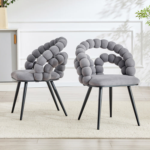 2 Pack Grey Bubble Pebble Tufted Dining Chairs, Velvet Accent Chairs with Matte Black Metal Legs