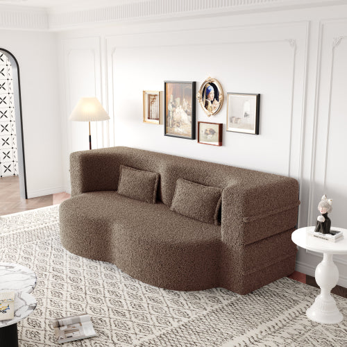 Brown Convertible Sherpa-Fleece Full-Size Floor Sofa-Bed 15 inch  Height with 2 Pillows No-Assembly