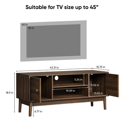 43.31 Inch Walnut Mid-Century Grille Door TV Stand Solid Wood Leg Media Console for 45 Inch TV