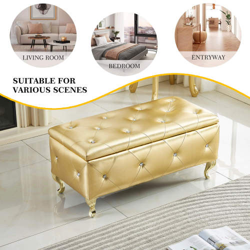 Gold Faux Leather Storage Ottoman Bench with Crystal Buttons, Metal Legs 380 LBS Capacity for Bedroom Entryway