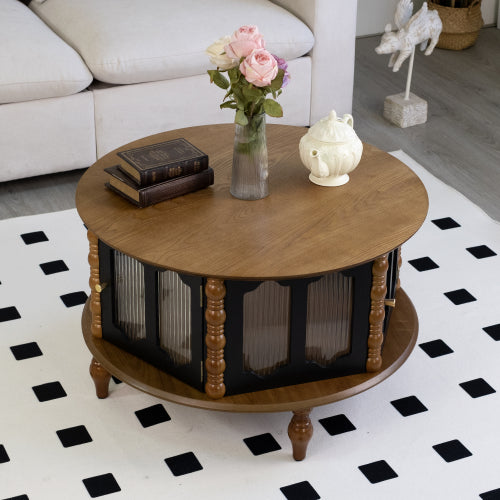 31.5inch  Round Wooden Coffee Table with Glass Doors, Walnut & Black