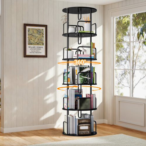 Black 5-Tier 360¡ã Rotating Bookshelf Tower Stable Metal Frame Vertical Round Home Bedroom Storage Rack
