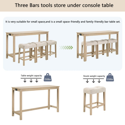 4 Piece Bar Table Set with Power Outlet,Bar Table Set with Chairs,Sofa Bar Table with Stools,Behind Couch Table with 3 Padded Stools for Living Room,Dining room, Light Oak