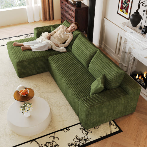 103 inch  Green Plush Corduroy L-Shape Cloud Modular Sofa, No Assembly