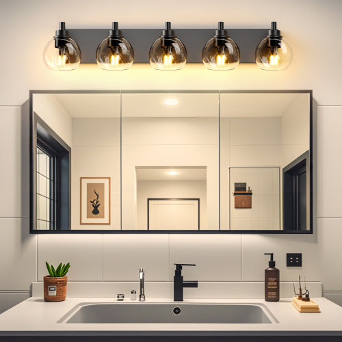 Bathroom Light Fixtures Over Mirror 5-Lights Bathroom Vanity Light with Clear Globe Glass Shade Modern Black Vanity Light Wall Sconce Vanity Lighting for Bath(Bulbs Not Included)