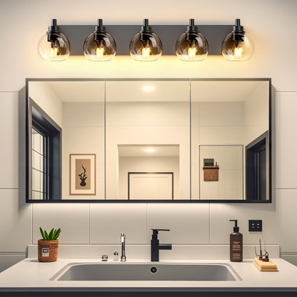 Bathroom Light Fixtures Over Mirror 5-Lights Bathroom Vanity Light with Clear Globe Glass Shade Modern Black Vanity Light Wall Sconce Vanity Lighting for Bath(Bulbs Not Included)