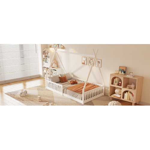 Twin Size Wood House Bed with Fence, White