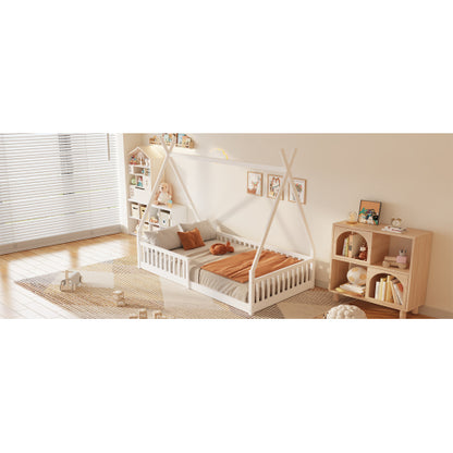 Twin Size Wood House Bed with Fence, White