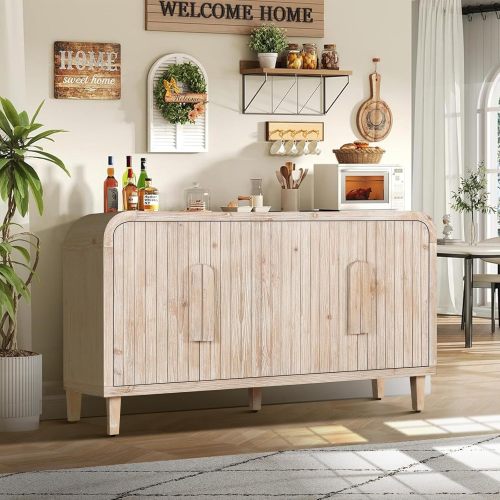 59'' Farmhouse Curved Vintage Storage Sideboard with Adjustable Shelves (Natural Wood Washed)