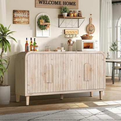 59'' Farmhouse Curved Vintage Storage Sideboard with Adjustable Shelves (Natural Wood Washed)