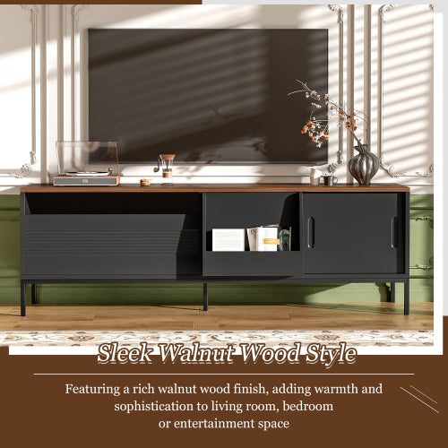 Mid Century Modern 75 Inch TV Stand with Sliding Doors Walnut Console