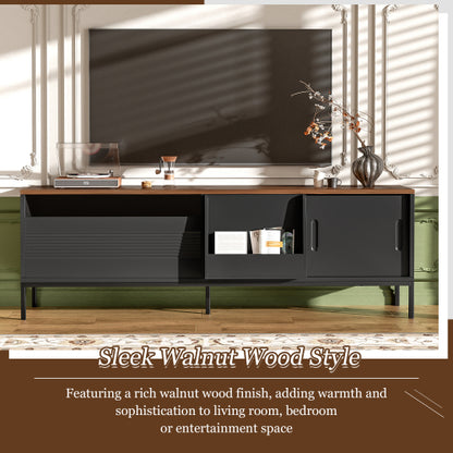 Mid Century Modern 75 Inch TV Stand with Sliding Doors Walnut Console