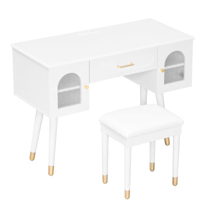 White Multi Purpose Vanity Table & Stool Set, Built in 2 Outlet & 2 USB Charging Port, Carved Glass Cabinet