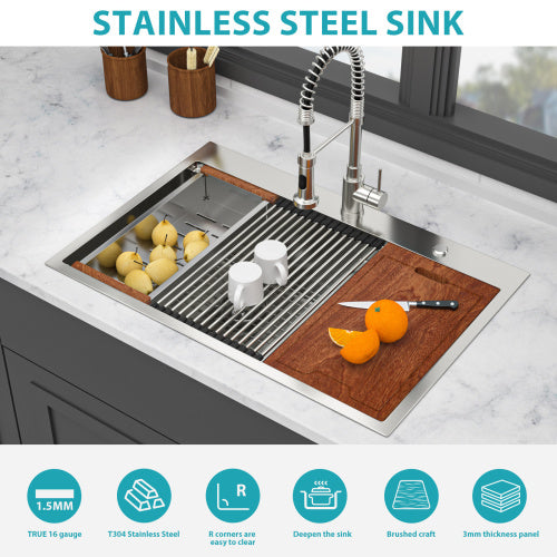 Topmount Drop in Kitchen Sink - 33"x 22" x 10" Double Bowl (60/40) Kitchen Sink 16 Gauge with Two 10" Deep Basin, Brushed Nickel