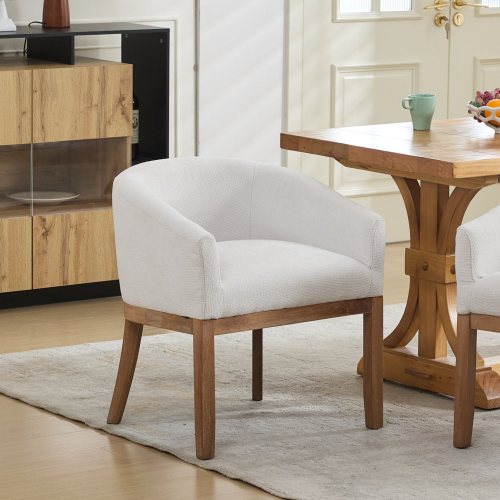 Single Beige Mid-Century Barrel Linen Arm Dining Chair, Farmhouse Style, Natural Rubberwood Frame