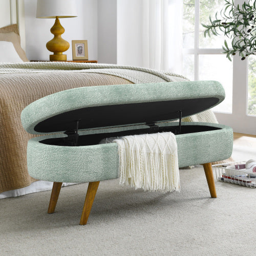 Ottoman Oval Storage Bench,Rubber Wood Legs, Gray (43.5inch x16inch x16inch ) Cyan