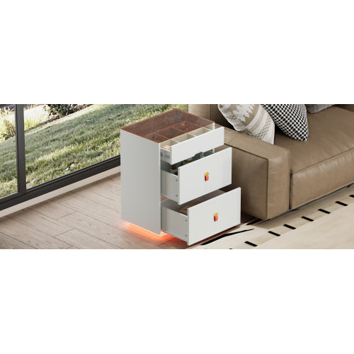 3-Drawer 30'' Nightstand with  LED Light, Modern Nightstand with 3 Storage Drawers, Bedside Table with Glass Top Jewelry Storage and Faux Leather Handles for Bedroom, Livingroom, Cloakroom, White