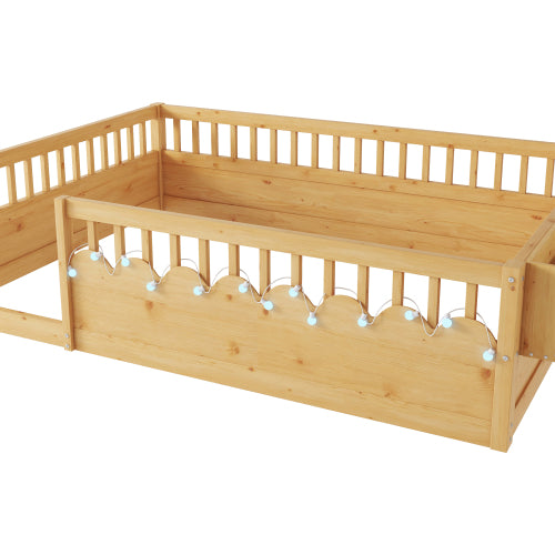 Full Montessori Floor Bed Frame with High Rails, Wood Kids Floor Beds with Light and Storage Shelf, Natural
