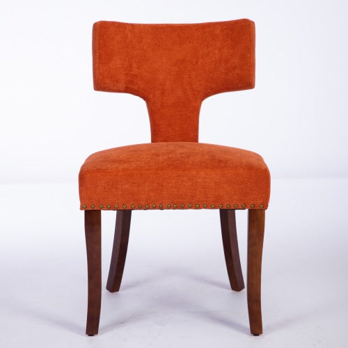 Set of 2 Orange Linen Mid-Century Farmhouse Dining Chairs, Copper Nail Curved Back Walnut Solid Wood Legs 300lbs Capacity