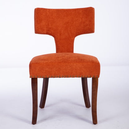 Set of 2 Orange Linen Mid-Century Farmhouse Dining Chairs, Copper Nail Curved Back Walnut Solid Wood Legs 300lbs Capacity