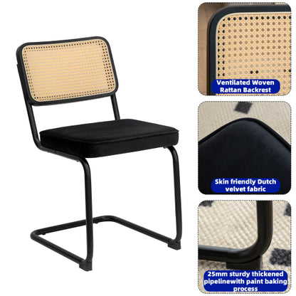 Set of 2 Black Velvet Rattan Cantilever Dining Chairs, Chrome Tubular Steel Breuer Stackable Side Chairs