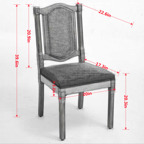 Set of 2 Gray All-Solid Wood Rattan Back Dining Chairs, S-Spring Matte Linen Cushion Rustic Caf¨¦ Side Chairs