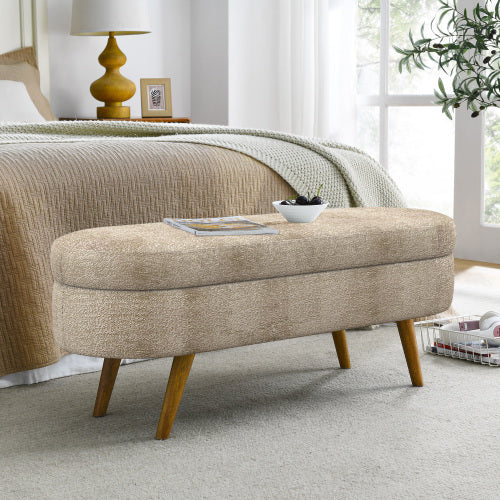 Ottoman Oval Storage Bench,Rubber Wood Legs, Gray (43.5inch x16inch x16inch )Brown