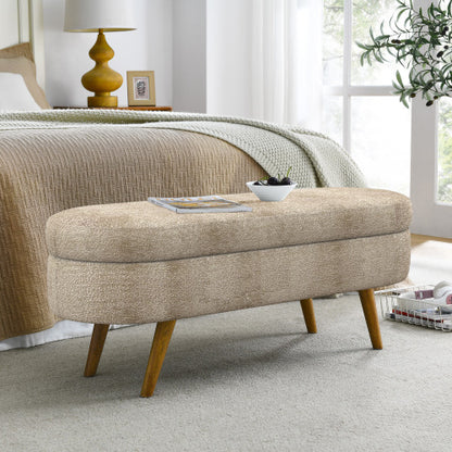 Ottoman Oval Storage Bench,Rubber Wood Legs, Gray (43.5inch x16inch x16inch )Brown