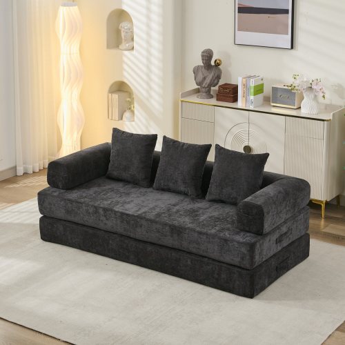 Black Chenille Convertible Folding Floor Sofa Bed with Armrest