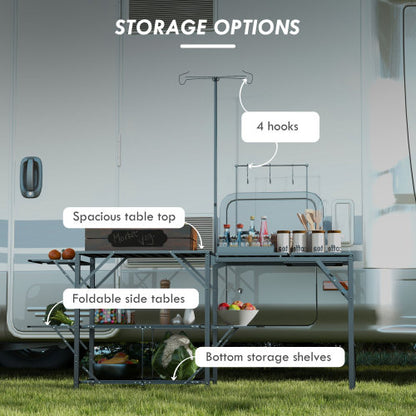 Outsunny Folding Camp Kitchen Table, Portable Camping Cooking Station with Adjustable Lantern Holder, Hanging Hooks and Carrying Bag for Outdoor Picnic Beach BBQ Traveling