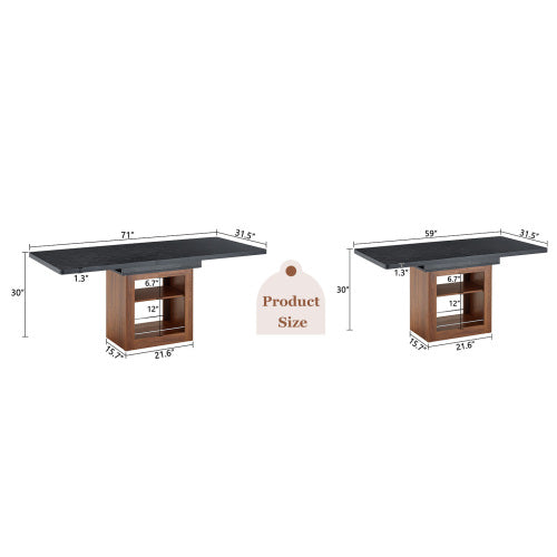 Expandable MDF Dining Table with Storage, Black Tabletop