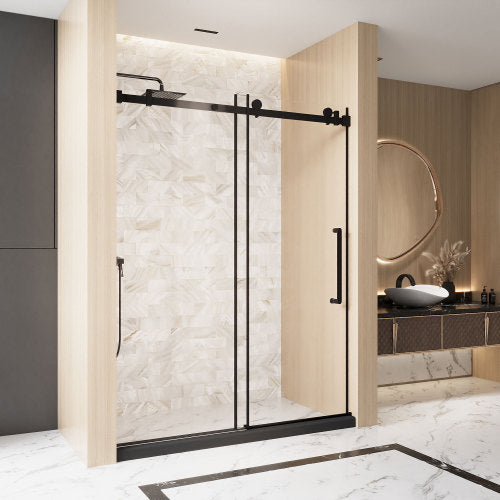 Frameless Single sliding shower door 56-60 "W x 76" H, 1/4 "(6 mm) Clear Tempered Glass, Explosion Proof Film, Stainless Steel Handle Square Tube Track ,Matte Black