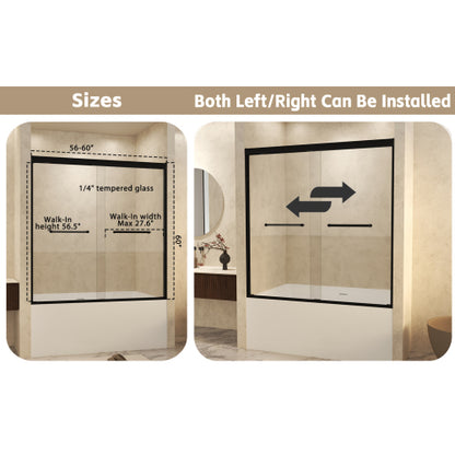 56-60" W × 60" H Tempered Glass with Explosion Proof Film, Aluminum Frame Double Sliding Shower Door, "1/4 (6 mm), Stainless Steel handle, Matte Black