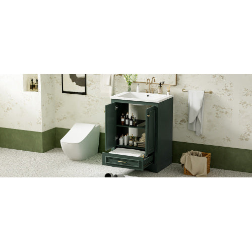 24'' Bathroom Vanity with Ceramic Sink Combo, Modern Freestanding Storage Cabinet with Silver Handles, Soft Closing Doors