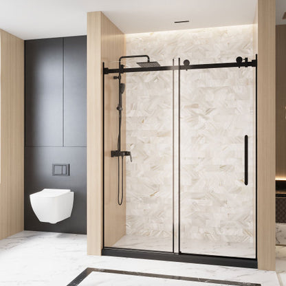 Frameless Single sliding shower door 56-60 "W x 76" H, 1/4 "(6 mm) Clear Tempered Glass, Explosion Proof Film, Stainless Steel Handle Square Tube Track ,Matte Black