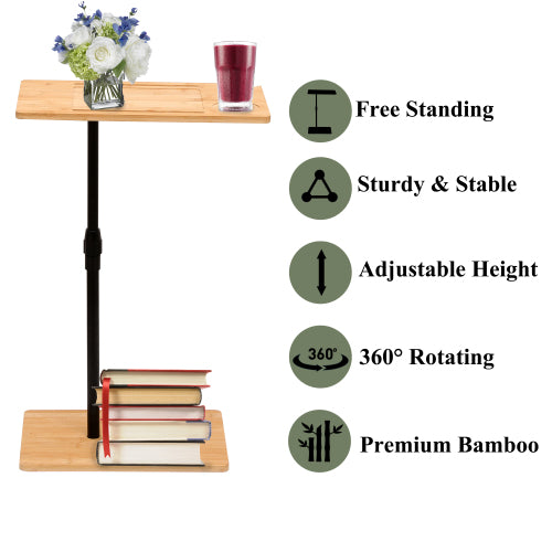 Height Adjustable Bamboo C-Shaped 2-Tier Side Table
