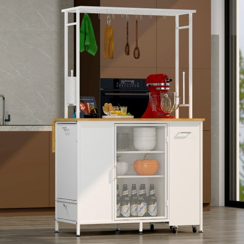 Kitchen Island with Storage Space Breakfast Bar with Folding Flip Up Panel Large Cabinet Shelves White