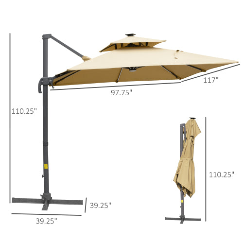 Outsunny 10FT Cantilever Patio Umbrella with Solar LED Lights & Power Bank, Double Top Outdoor Offset Umbrella with 360° Rotation, Tilt, Crank & Cross Base for Garden, Khaki