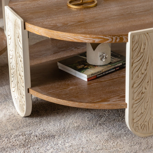 Carved Wooden Coffee Table Double Layer Storage Vintage Retro Accent Side Table