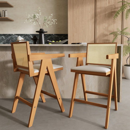 27inch Height, Cream Woven Cane Plastic Backrest Bar Stool - Foam-Padded Fabric Seat & Durable Rubberwood Frame