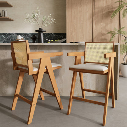 27inch Height, Cream Woven Cane Plastic Backrest Bar Stool - Foam-Padded Fabric Seat & Durable Rubberwood Frame