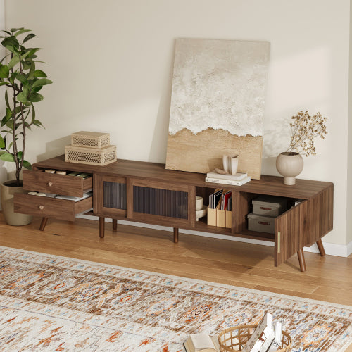 76.7 inch Natural Wood Wave Tempered Glass Door TV Stand Solid Wood Leg Media Console For 85 inch TV
